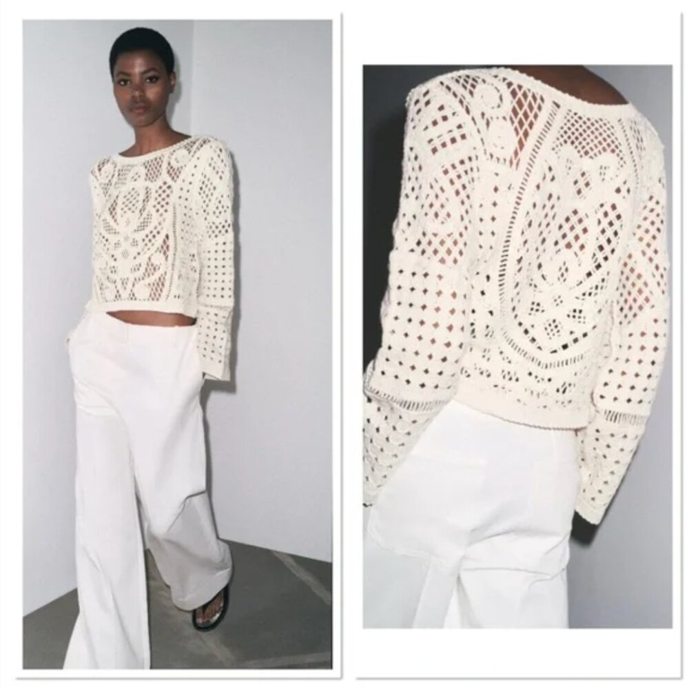 Zara Round Neck Long Sleeve Crochet Knit Top NWT